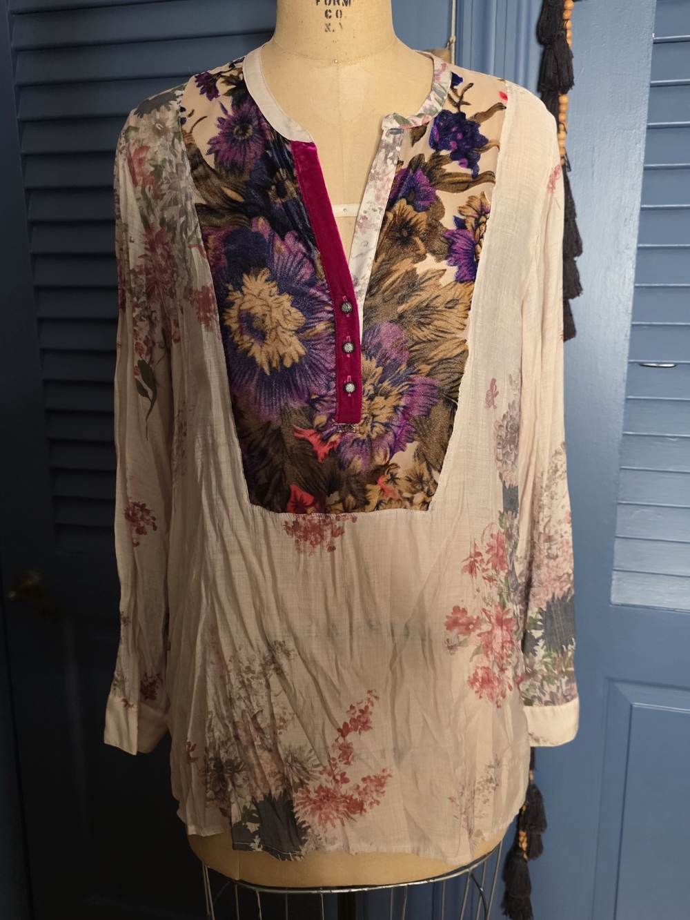 Soft Surroundings Ivory Tunic with Purple Floral Patchwork and Magenta Trim